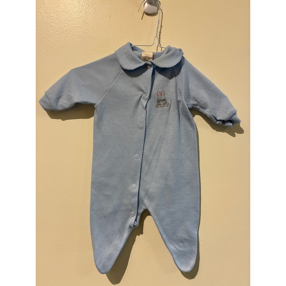 Honors Baby Vintage Light Blue Footed Sleeper Bunny Embroidery 0-3 Months